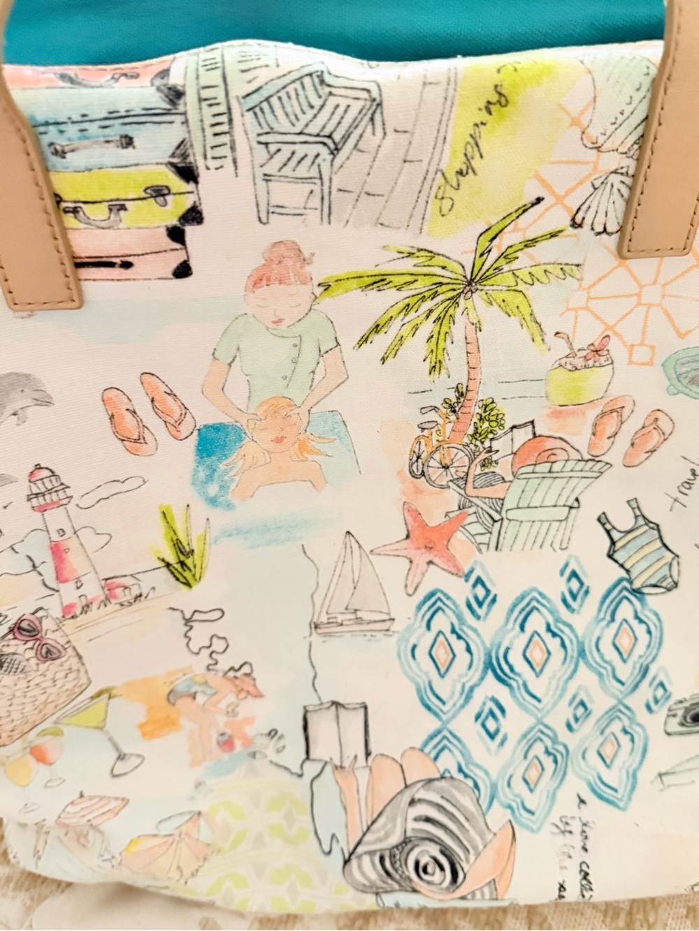 Chico’s Florida Beach Scene Canvas Tote with Teal Trim
